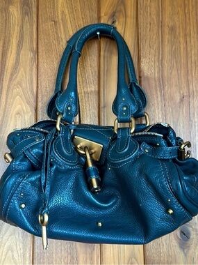 Chloe Paddington Blue gray Leather Shoulder Bag with Gold Hardware